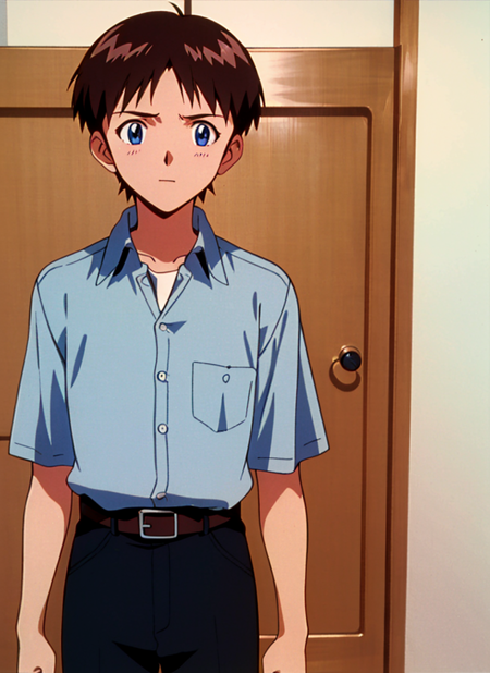 3978521757-471778449-evangelion anime style, anime screencap, 1990s__(style_),  ikari shinji, 1boy, belt, black pants, blue eyes, blue shirt, brown b.png